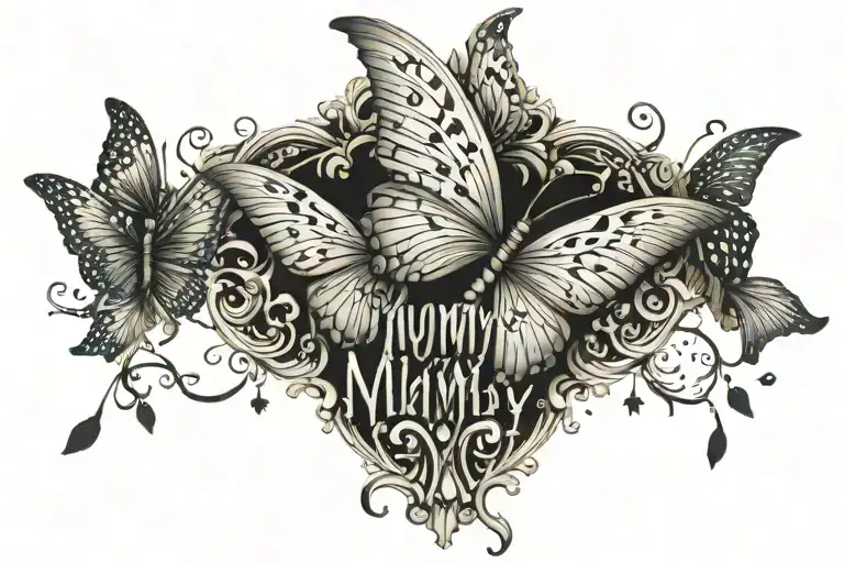 mummy Name with butterflys flying tattoo design idea