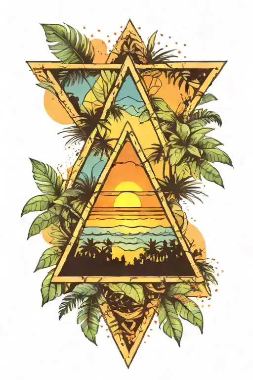 Alcoholics anonymous triangle over watercolor sunset with tropical leafs in background  tattoo design idea