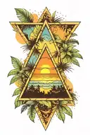 Alcoholics anonymous triangle over watercolor sunset with tropical leafs in background  tattoo design idea