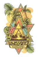 Alcoholics anonymous triangle over watercolor sunset with tropical leafs in background  tattoo design idea