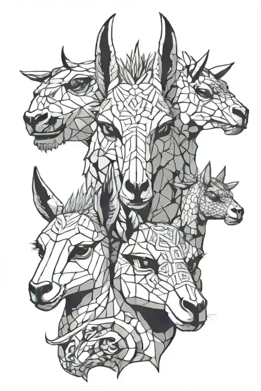 Make a tattoo with these 3 animals heads only. in the center of the design one of each A Japanese Dragon head,llama head tattoo design idea