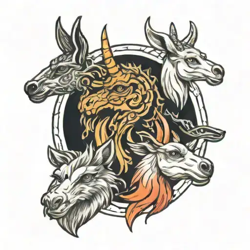 Make a tattoo with these 3 animals heads only. in the center of the design one of each A Japanese Dragon head,llama head tattoo design idea