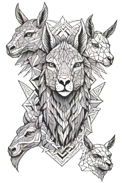 Make a tattoo with these 3 animals heads only. in the center of the design one of each A Japanese Dragon head,llama head tattoo design idea