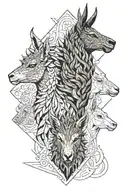 Make a tattoo with these 3 animals heads only. in the center of the design one of each A Japanese Dragon head,llama head tattoo design idea