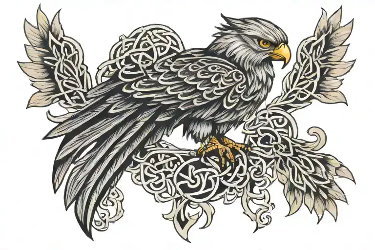 celtic hawk perched tattoo design idea
