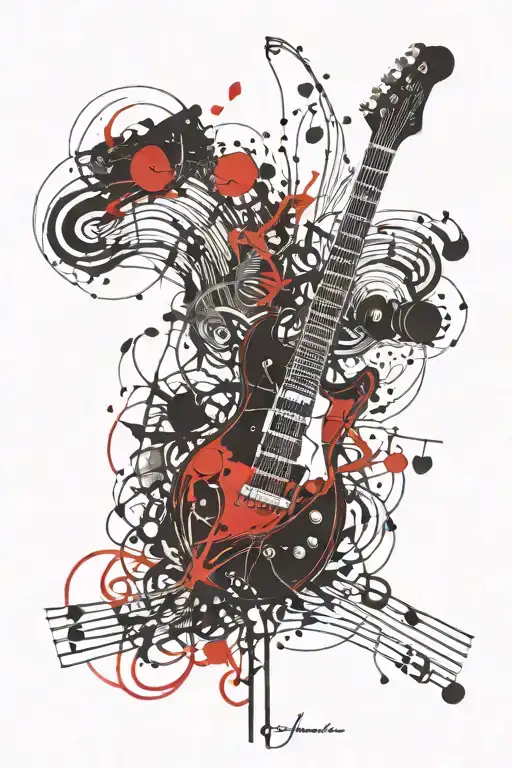 "Create a tattoo design featuring a black guitar surrounded by red musical notes and the words "let the music guide you" tattoo design idea