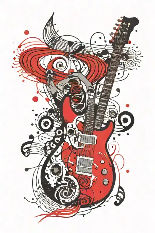 "Create a tattoo design featuring a black guitar surrounded by red musical notes and the words "let the music guide you" tattoo design idea