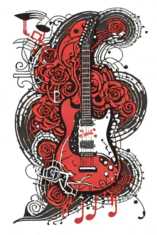 "Create a tattoo design featuring a black guitar surrounded by red musical notes and the words "let the music guide you" tattoo design idea