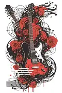 "Create a tattoo design featuring a black guitar surrounded by red musical notes and the words "let the music guide you" tattoo design idea