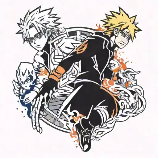 anime full sleeve tattoo design featuring Naruto, black clover, my hero academia, tower of god, god of highschool tattoo design idea