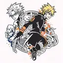 anime full sleeve tattoo design featuring Naruto, black clover, my hero academia, tower of god, god of highschool tattoo design idea