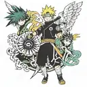 anime full sleeve tattoo design featuring Naruto, black clover, my hero academia, tower of god, god of highschool tattoo design idea