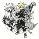 anime full sleeve tattoo design featuring Naruto, black clover, my hero academia, tower of god, god of highschool tattoo design idea