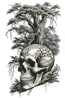 musky skull with willow tree growing out of it symbolizing tattoo design idea