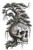 musky skull with willow tree growing out of it symbolizing tattoo design idea