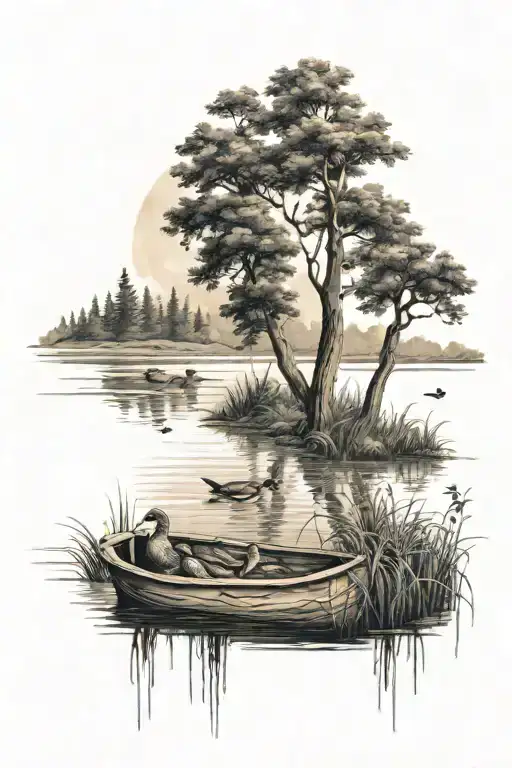 realistic nature scene with trees and a lake and ducks swimming related to death as a coffin flows through the lake tattoo design idea