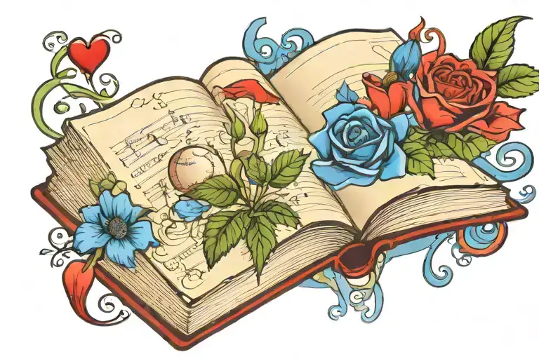 open book with blue rose, red poppy, music notes, small snow globe, baseball, hearts, travel symbol tattoo design idea