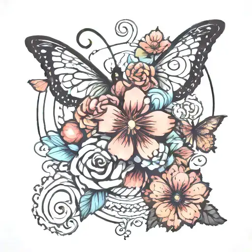 The Atlanta symbol with flowers from the movie tangled and small butterflies with aura lines tattoo design idea