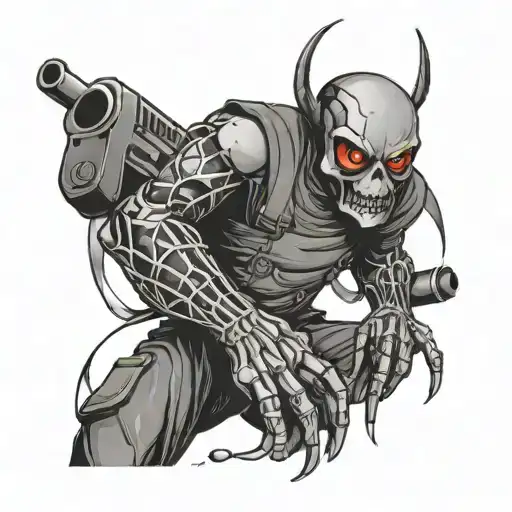 gun morph with black widows spider legs wearing an apron tattoo design idea