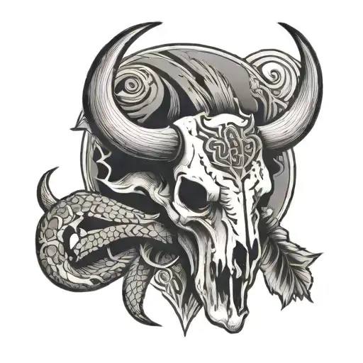 Buffalo skull with snake coiled and arrows crossed tattoo design idea
