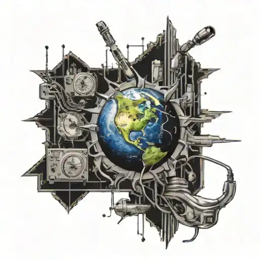 An electrician themed tattoo with a 3D representation of Earth in space, done in blackwork style tattoo design idea
