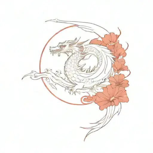 a white dragon meanders majestically, around red clouds, red sun, and red flowers, minimal  tattoo design idea