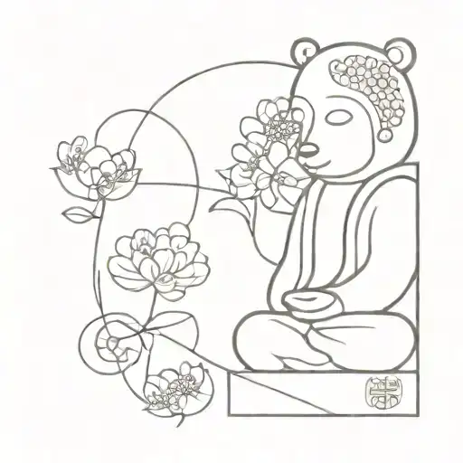 A minimalist tattoo design incorporating symbols of different cultures, such as a Korean Buddha and Madrid emblems like the bear and arbutus tattoo design idea