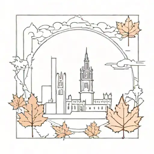 A minimalist tattoo design featuring a mix of iconic landmarks like the Coliseum and Edinburgh Castle, with a red maple leaf blowing in the wind tattoo design idea