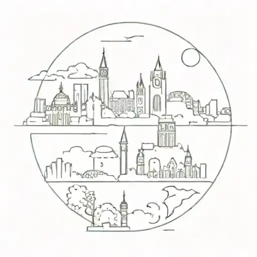 A minimalist outline of a skyline featuring iconic landmarks from Canada, Seoul, Madrid, NYC, South Africa, London, and Edinburgh tattoo design idea