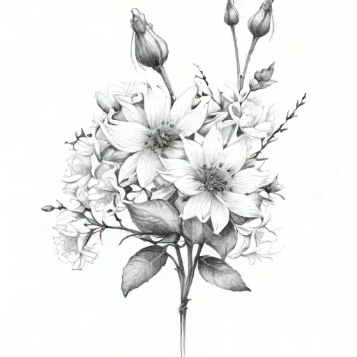 A dainty birth flower bouquet tattoo of May, February, June  tattoo design idea