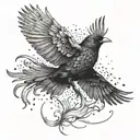 Blackbird rising from the ashes with wings spread  tattoo design idea