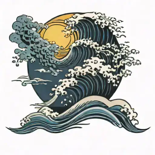 japenese waves with sun and clouds surrounding tattoo design idea
