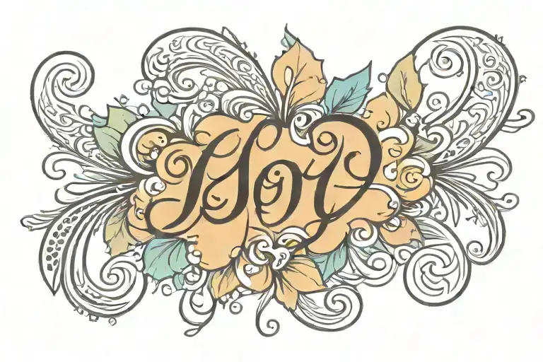the word joy written in french script with a symbol for joy at the end of the word joy with no background tattoo design idea