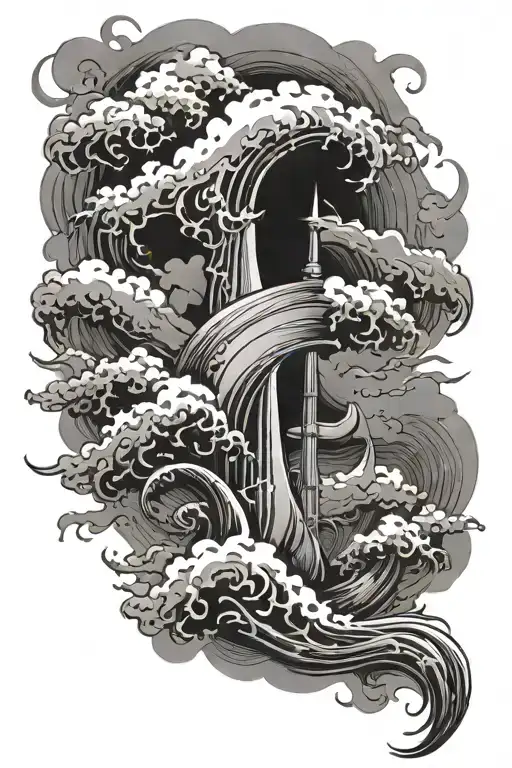 a scene from top to bottom with storm clouds, a trident, and waves at the bottom tattoo design idea