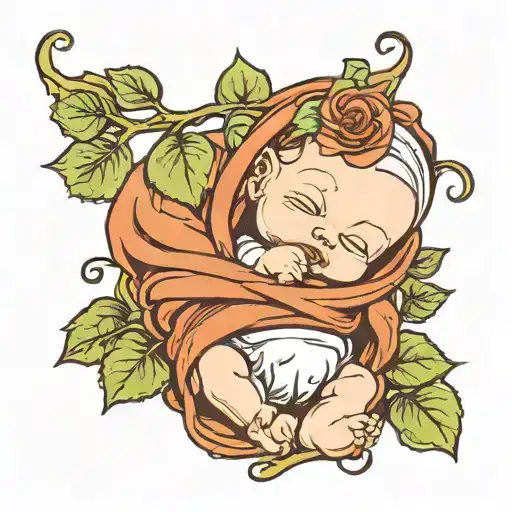 A new-school style tattoo of a baby wrapped in a rose vine blanket tattoo design idea