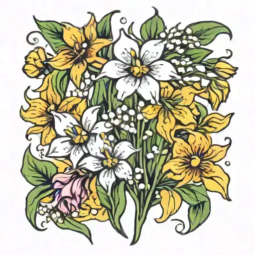 lily of the valley, marigold, mayflower, black eyed Susan tattoo design idea