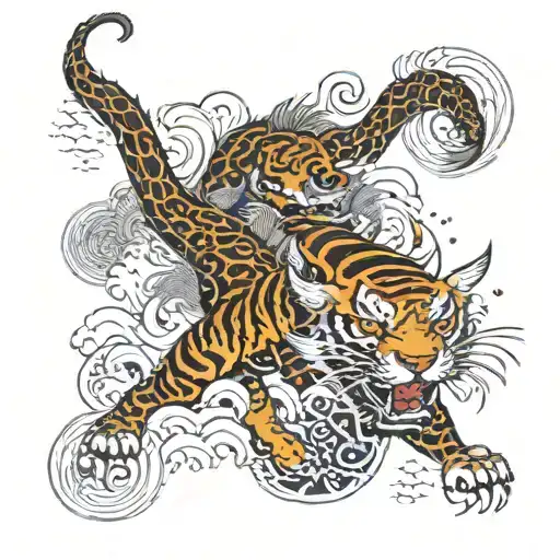 dragon flying and a tiger walking towards tattoo design idea