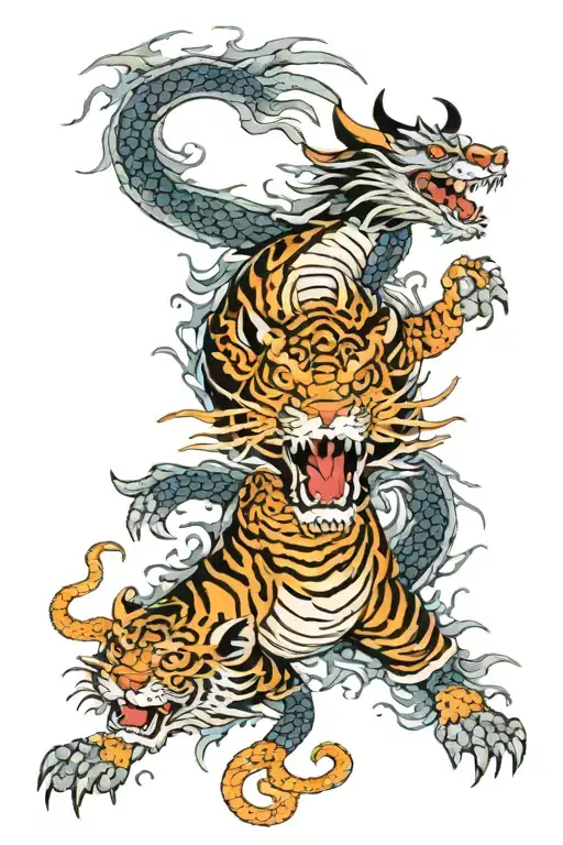 dragon surrounded with a tiger walking tattoo design idea