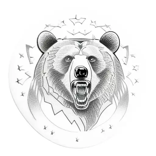bear with ar15 and AMERICAN FLAG background  tattoo design idea