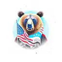 bear holding ar15 and AMERICAN FLAG background  tattoo design idea