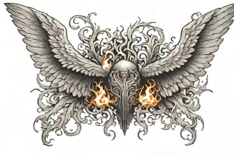 wings spread out with a blazing flame in the middle  tattoo design idea
