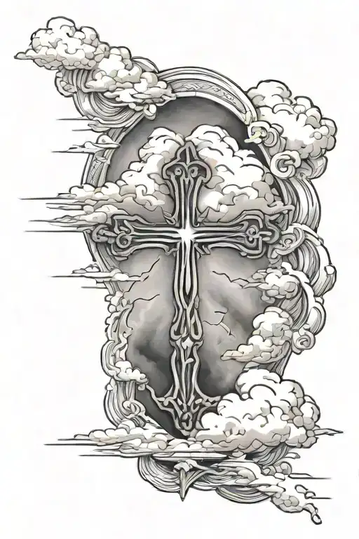 cross surrounded by stormy clouds tattoo design idea