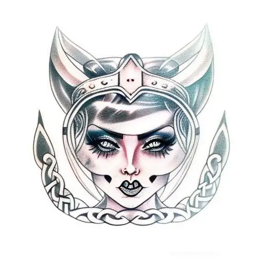 pinup of a nude viking girl in epic with sexy and viking epic war makeup   tattoo design idea