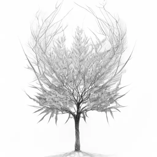 sumac tree half bare of leaves, trunk of tree shaped in the form of a woman tattoo design idea