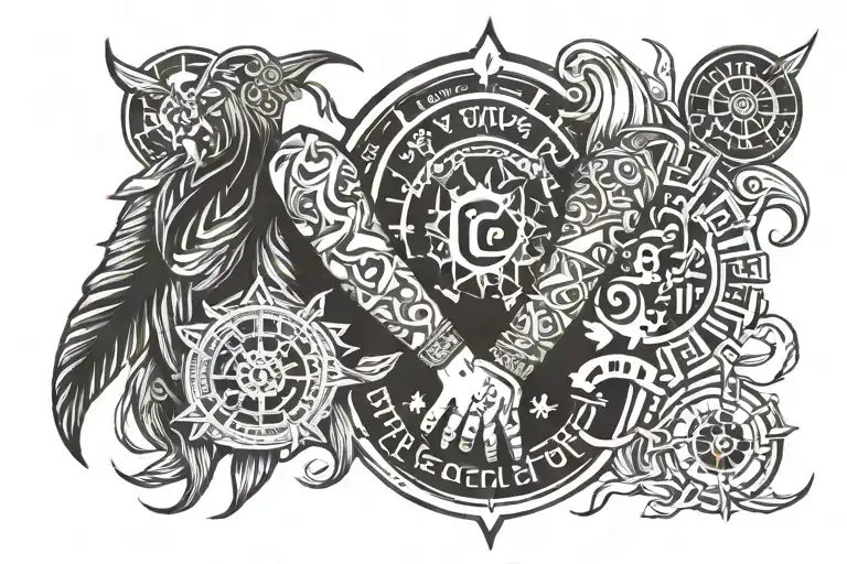 A tattoo design featuring a son and daughter holding hands surrounded by symbols representing the stock market, with a blackwork style tattoo design idea