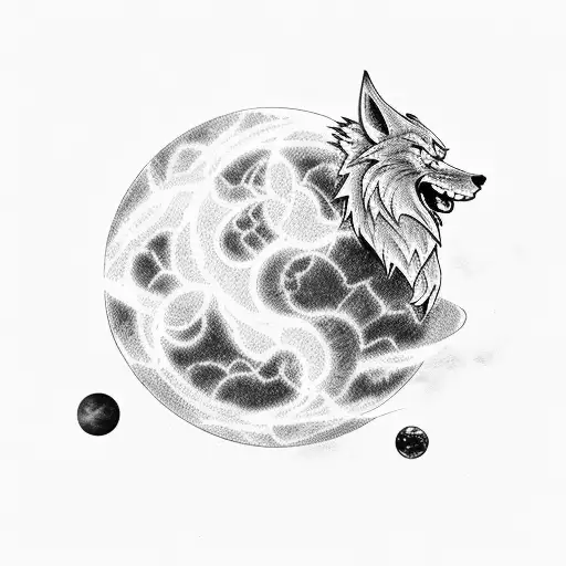 lone wolf looking out to the many worlds and moons above and sees goku fighting broly tattoo design idea