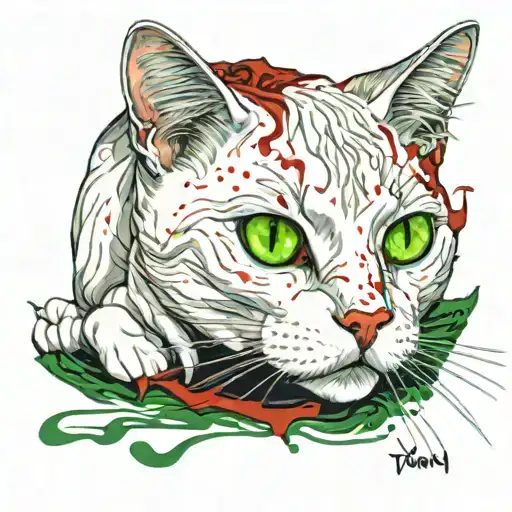  White cat with black staines, walking and looking in front of, with green eyes and with scars and red blood  tattoo design idea