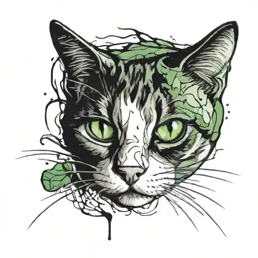 black and White cat walking and looking in front of, with green eyes and with scars and blood  tattoo design idea