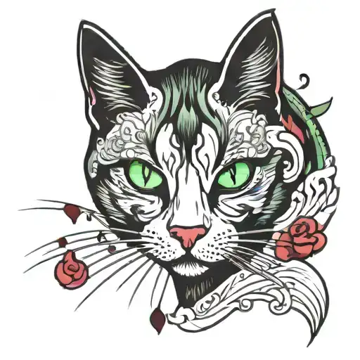 black and White cat walking and looking in front of, with green eyes and with scars and blood  tattoo design idea