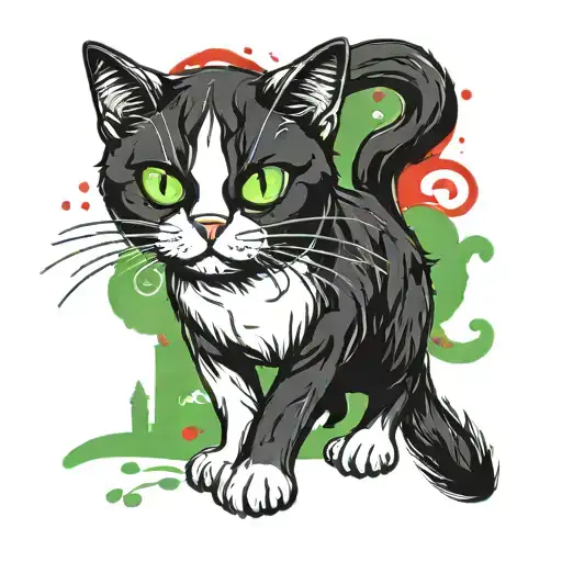 black and White cat walking and looking in front of, with green eyes and with scars and red blood  tattoo design idea